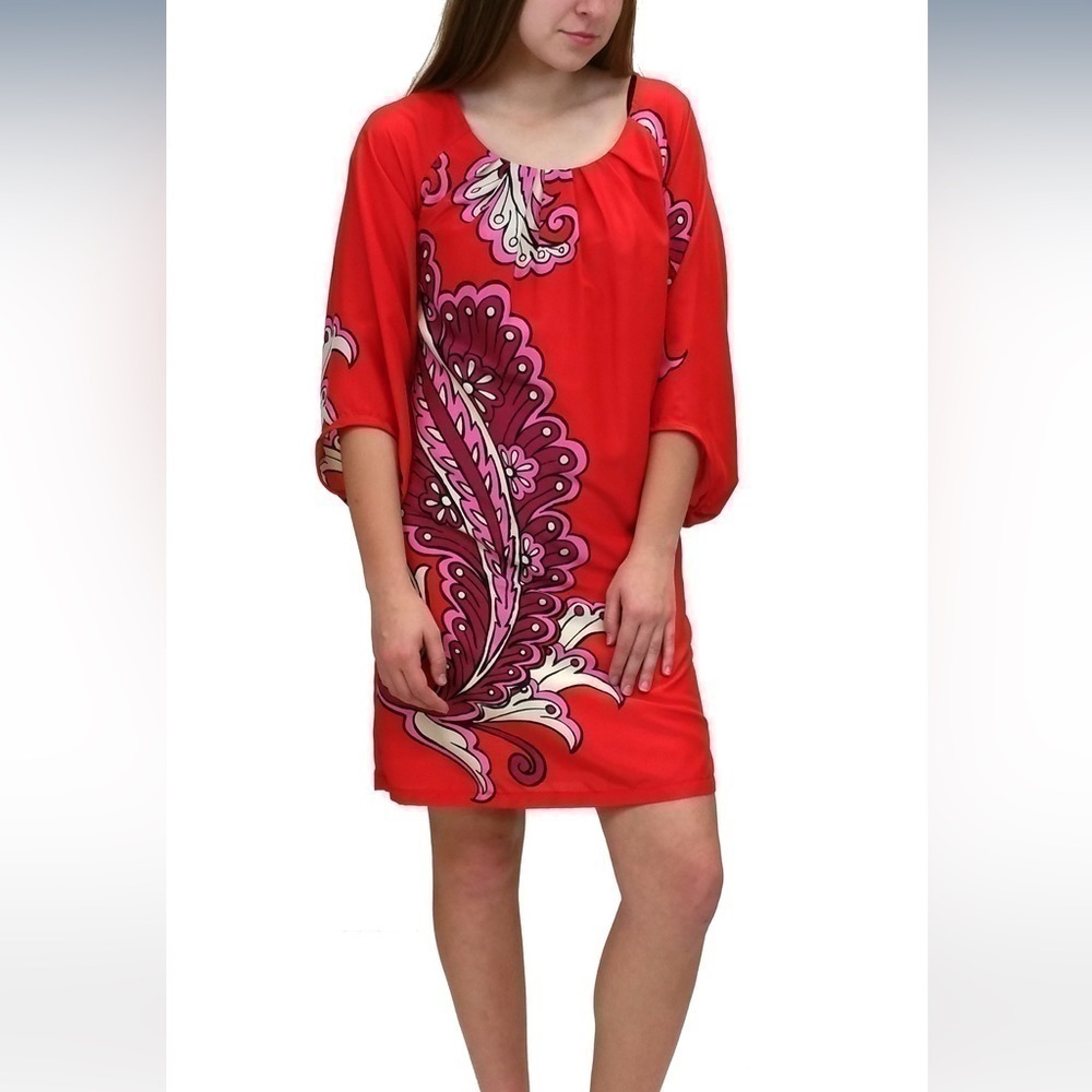 Uncle Frank red with maroon, pink and taupe floral motifs. 3/4” puffy sleeves.